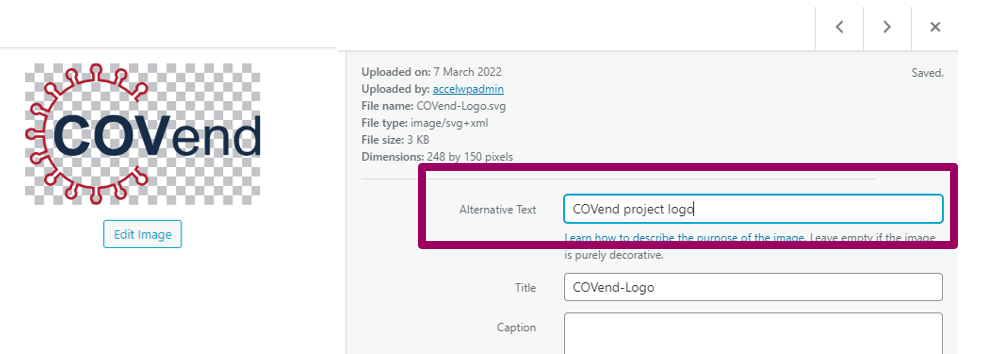 Screenshot of WordPress showing how to add alt text